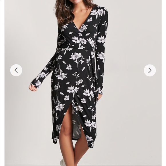black and white floral wrap dress